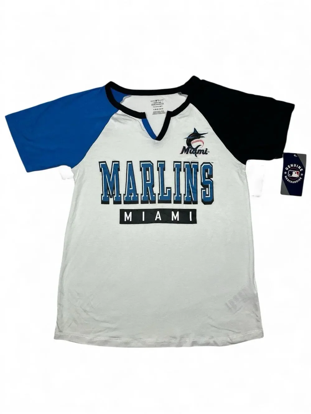 Girls Large 10/12 Miami Marlins Ball Park Raglan V-Neck T-Shirt